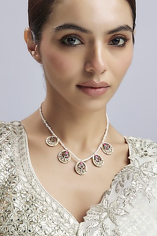 Gold Finish Kundan Polki & Freshwater Pearl Necklace In Sterling Silver by Nuvi Jewels