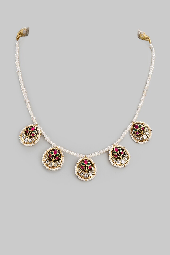Gold Finish Kundan Polki & Freshwater Pearl Necklace In Sterling Silver by Nuvi Jewels at Pernia's Pop Up Shop