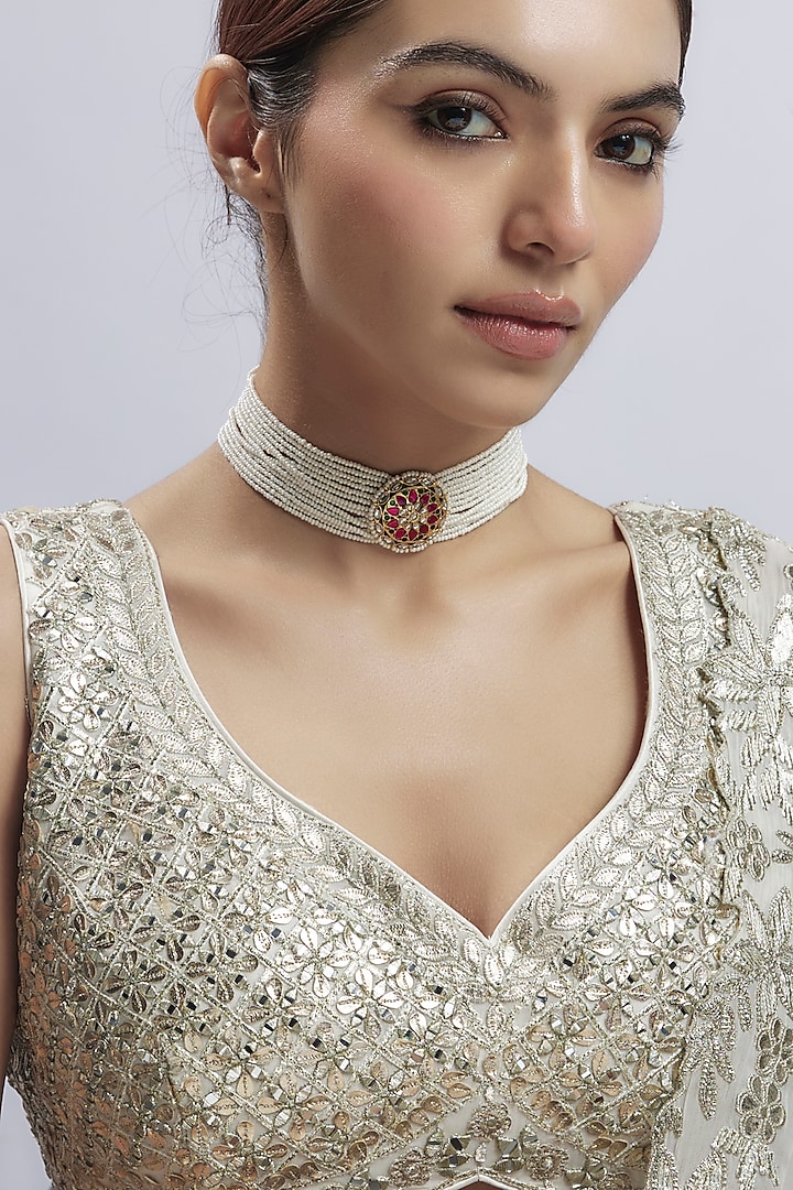 Antique Gold Finish Kundan Polki & Seed Pearl Choker Necklace In Sterling Silver by Nuvi Jewels