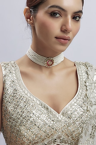 Antique Gold Finish Kundan Polki & Seed Pearl Choker Necklace In Sterling Silver by Nuvi Jewels