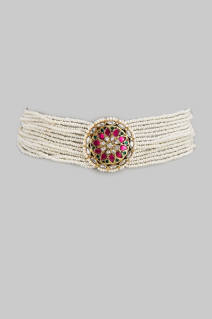 Antique Gold Finish Kundan Polki & Seed Pearl Choker Necklace In Sterling Silver by Nuvi Jewels at Pernia's Pop Up Shop