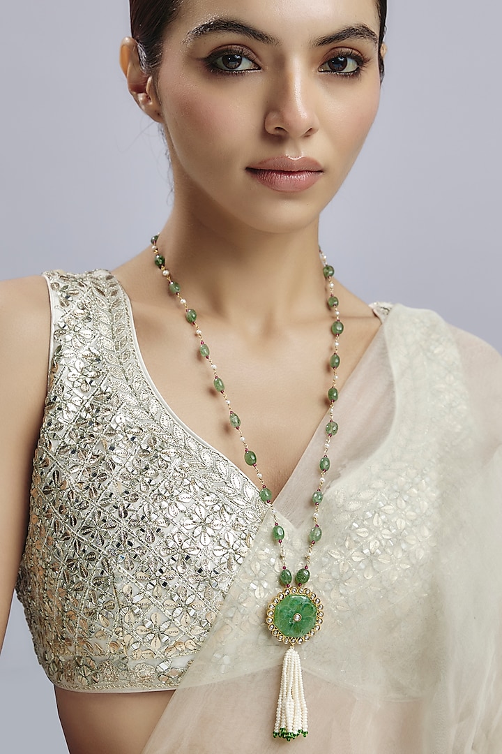 Gold Finish Green Quartz & Jadau Stone Long Beaded Necklace In Sterling Silver by Nuvi Jewels