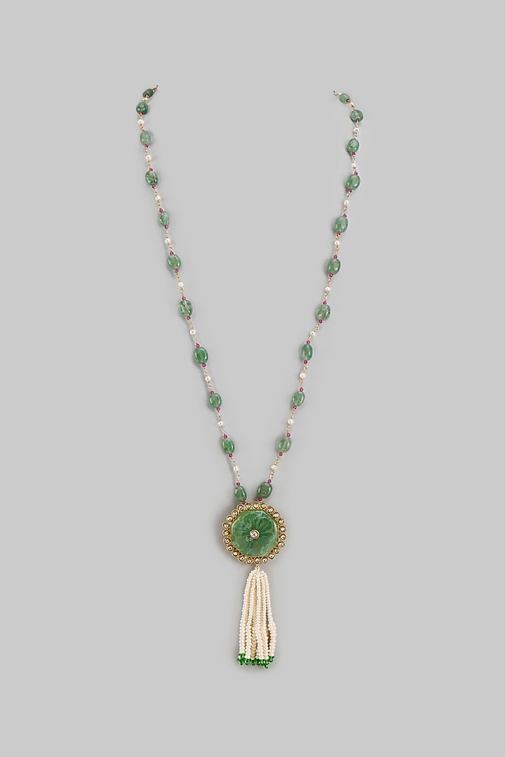 Gold Finish Green Quartz & Jadau Stone Long Beaded Necklace In Sterling Silver by Nuvi Jewels at Pernia's Pop Up Shop