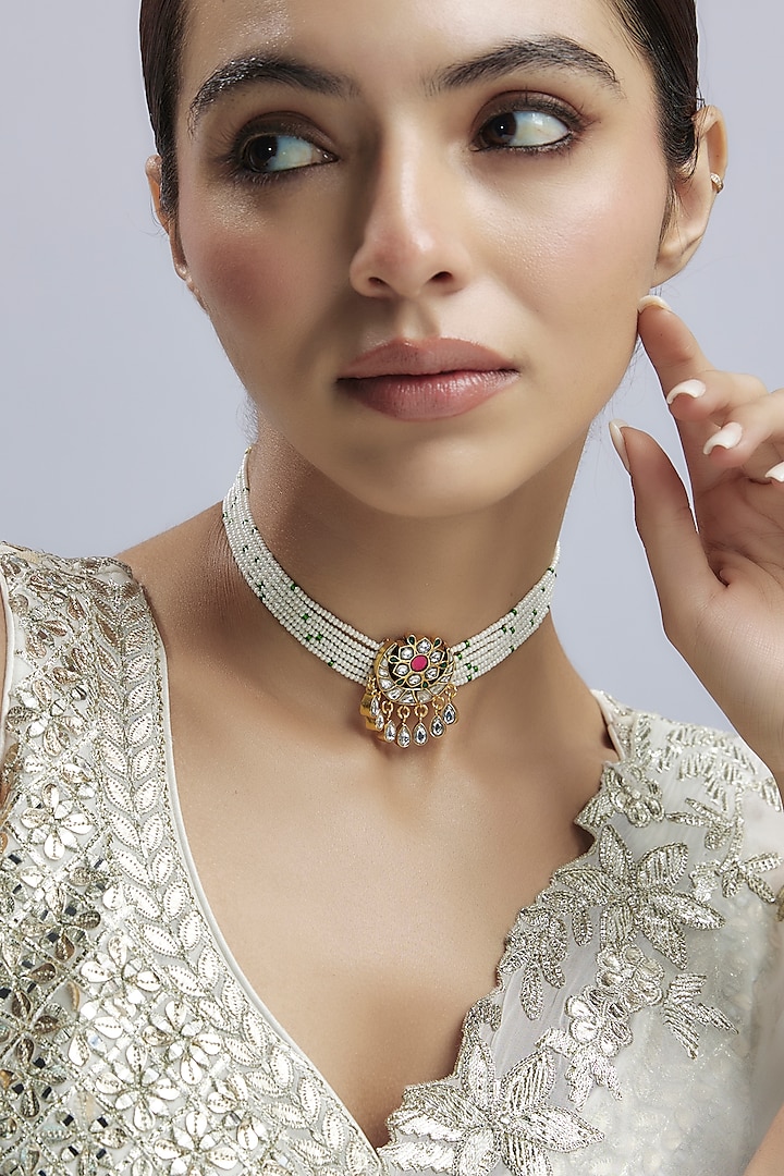 Gold Finish Kundan Polki & Seed Pearl Choker Necklace In Sterling Silver by Nuvi Jewels