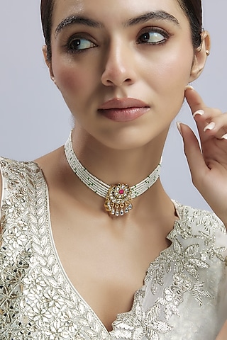 Gold Finish Kundan Polki & Seed Pearl Choker Necklace In Sterling Silver by Nuvi Jewels