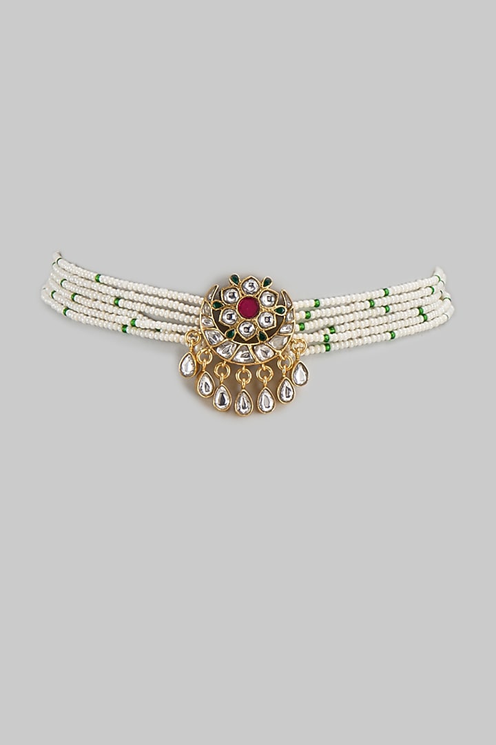 Gold Finish Kundan Polki & Seed Pearl Choker Necklace In Sterling Silver by Nuvi Jewels at Pernia's Pop Up Shop