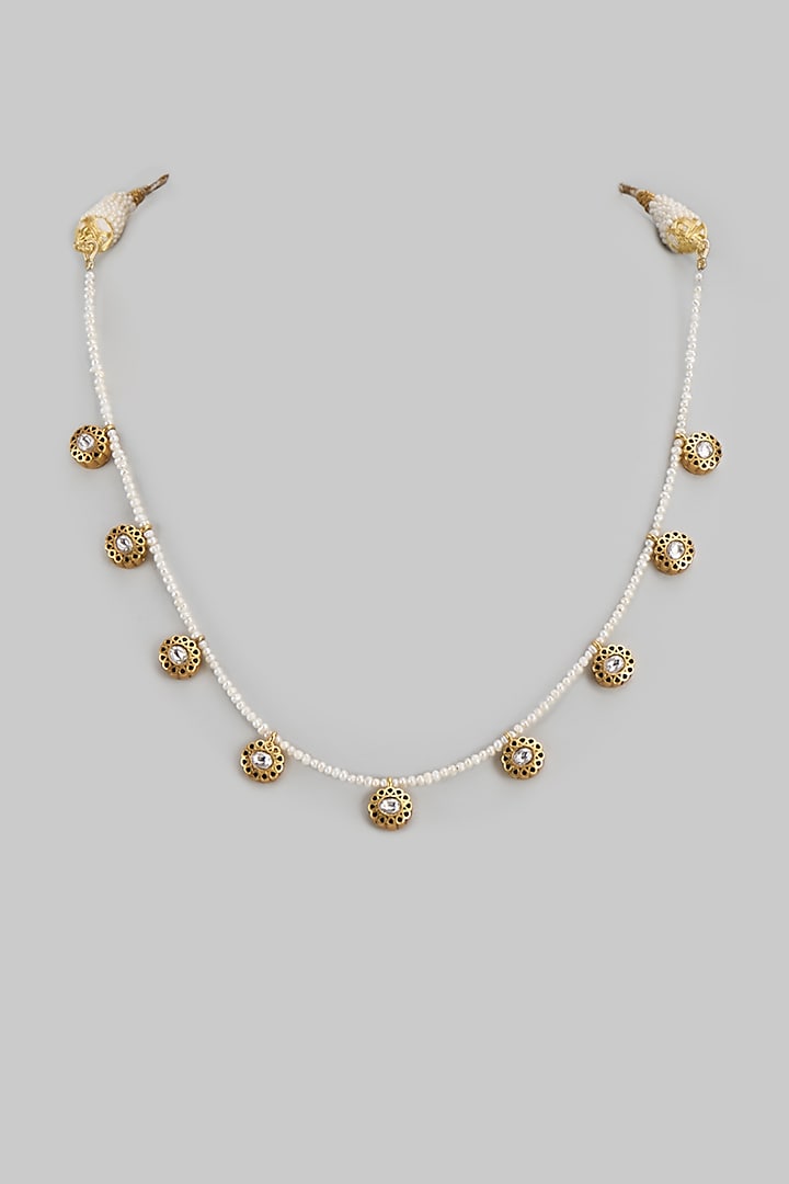 Gold Finish Kundan Polki & Freshwater Pearl Necklace In Sterling Silver by Nuvi Jewels