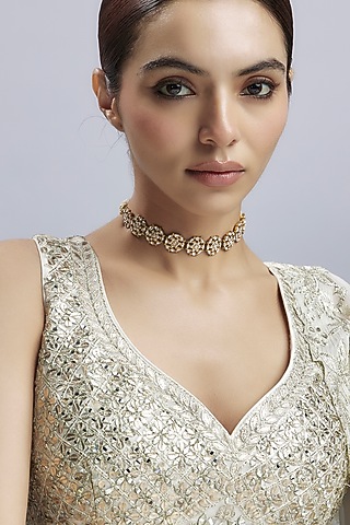Gold Plated Kundan Polki & Jadau Stone Choker Necklace In Sterling Silver by Nuvi Jewels