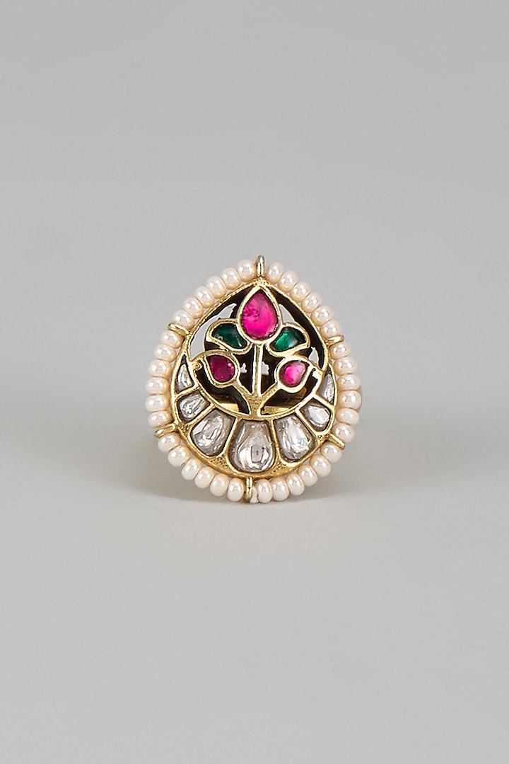 Gold Plated Kundan Polki & Seed Pearl Ring In Sterling Silver by Nuvi Jewels