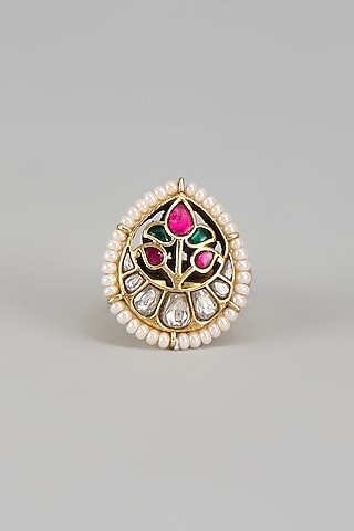 Gold Plated Kundan Polki & Seed Pearl Ring In Sterling Silver by Nuvi Jewels