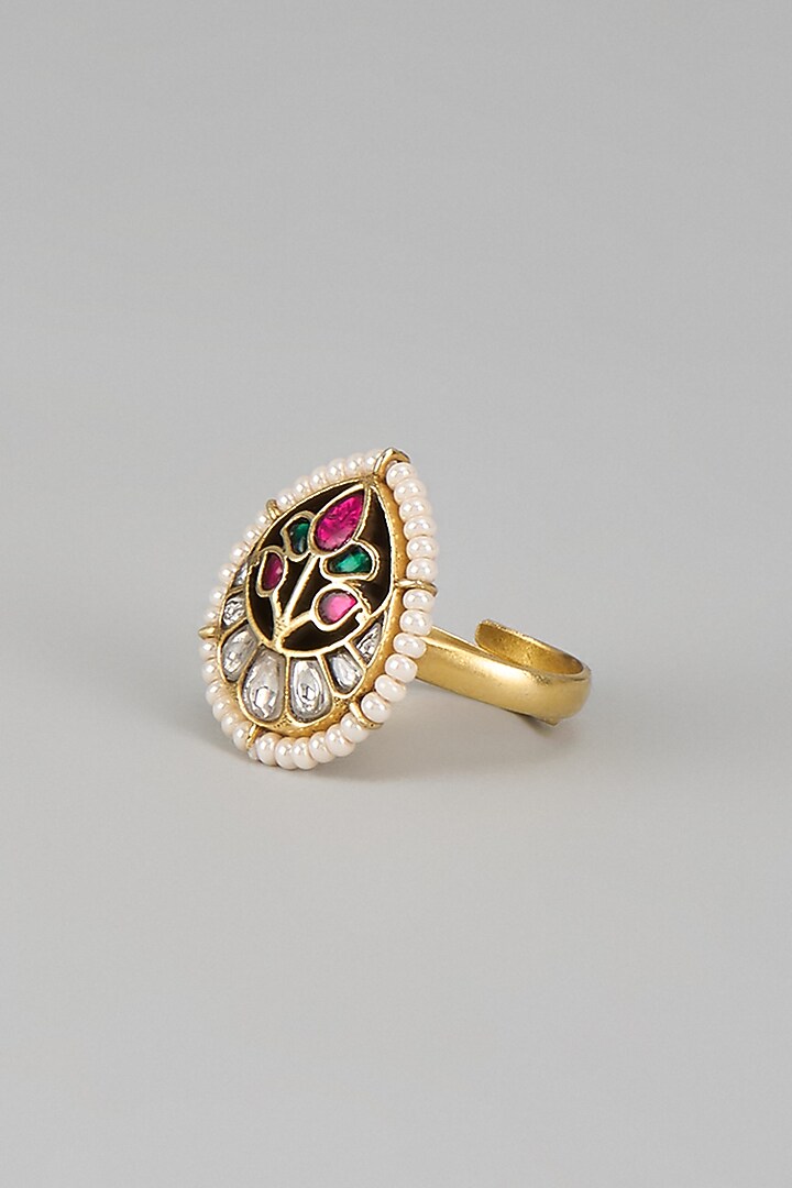 Gold Plated Kundan Polki & Seed Pearl Ring In Sterling Silver by Nuvi Jewels at Pernia's Pop Up Shop
