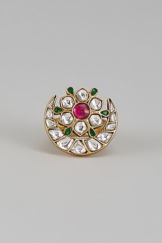 Gold Plated Kundan Polki & Jadau Ring In Sterling Silver by Nuvi Jewels