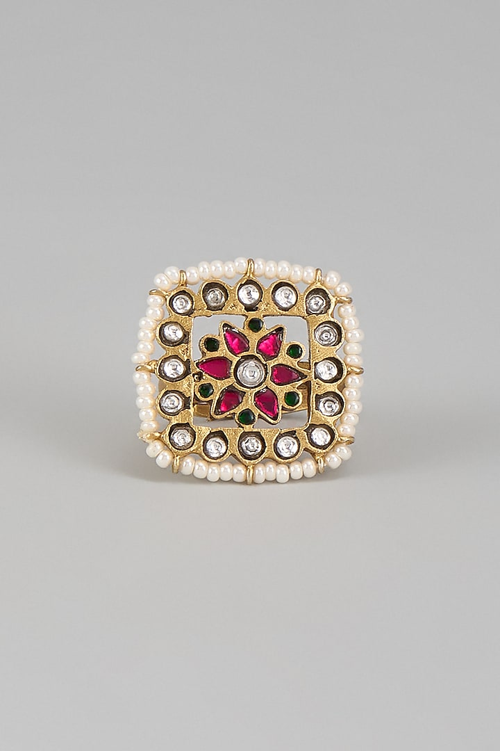 Gold Plated Kundan Polki & Seed Pearl Ring In Sterling Silver by Nuvi Jewels