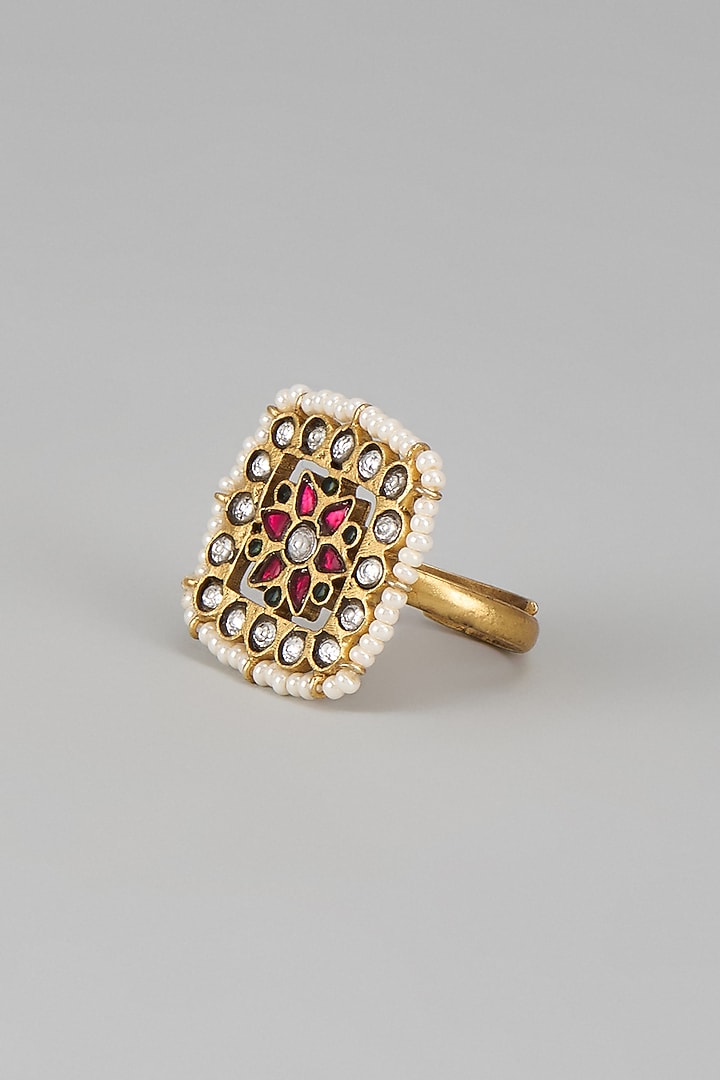 Gold Plated Kundan Polki & Seed Pearl Ring In Sterling Silver by Nuvi Jewels at Pernia's Pop Up Shop