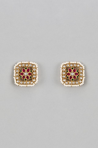 Gold Finish Kundan Polki & Seed Pearl Stud Earrings In Sterling Silver by Nuvi Jewels