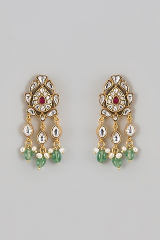 Gold Finish Kundan Polki & Jadau Dangler Earrings In Sterling Silver by Nuvi Jewels