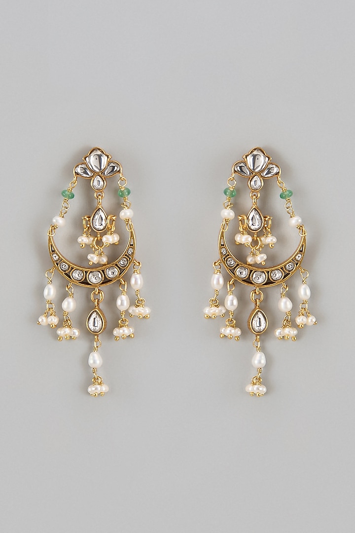 Gold Finish Kundan Polki & Jadau Chandbaali Earrings In Sterling Silver by Nuvi Jewels