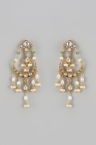 Gold Finish Kundan Polki & Jadau Chandbaali Earrings In Sterling Silver by Nuvi Jewels