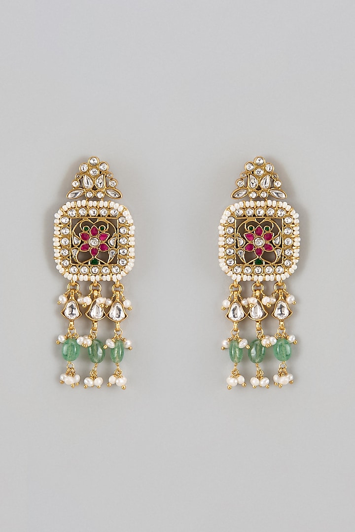 Gold Finish Kundan Polki & Jadau Dangler Earrings In Sterling Silver by Nuvi Jewels