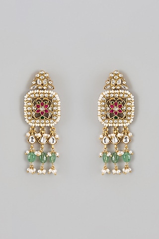 Gold Finish Kundan Polki & Jadau Dangler Earrings In Sterling Silver by Nuvi Jewels