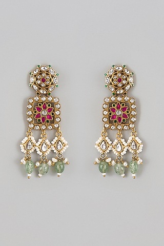 Gold Finish Kundan Polki & Jadau Dangler Earrings In Sterling Silver by Nuvi Jewels