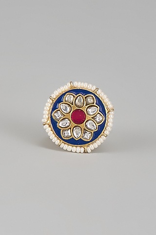 Gold Plated Kundan Polki & Jadau Meenakari Ring In Sterling Silver by Nuvi Jewels