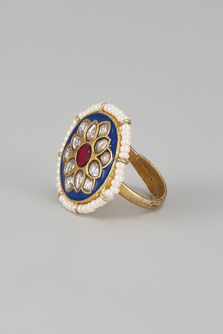Gold Plated Kundan Polki & Jadau Meenakari Ring In Sterling Silver by Nuvi Jewels at Pernia's Pop Up Shop