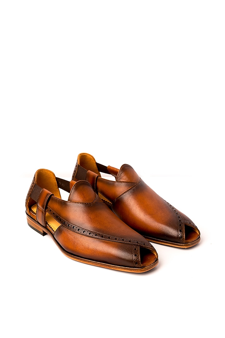 Cognac Leather Peshawari Sandals by Nauvab at Pernia's Pop Up Shop