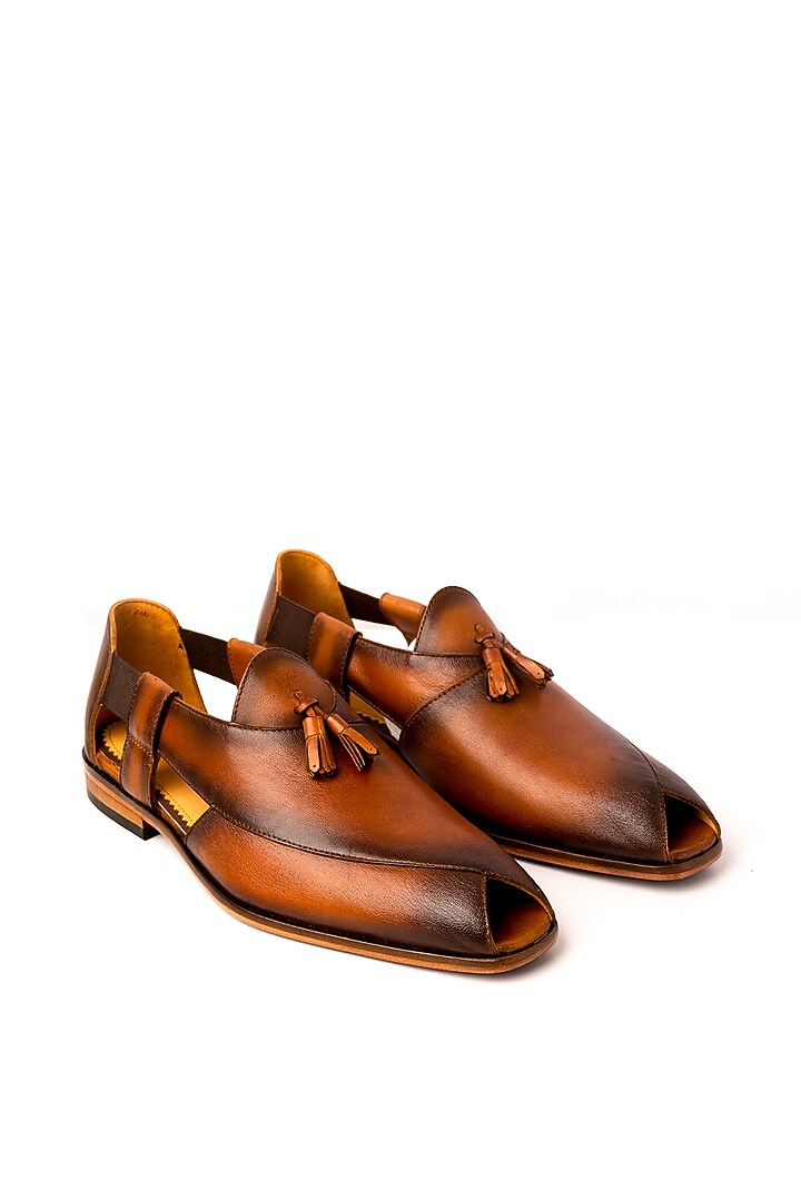 Cognac Leather Peshawari Sandals by Nauvab at Pernia's Pop Up Shop