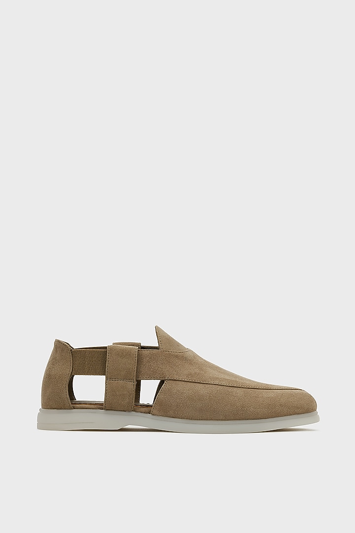 Khaki Suede Peshwari by Nauvab at Pernia's Pop Up Shop