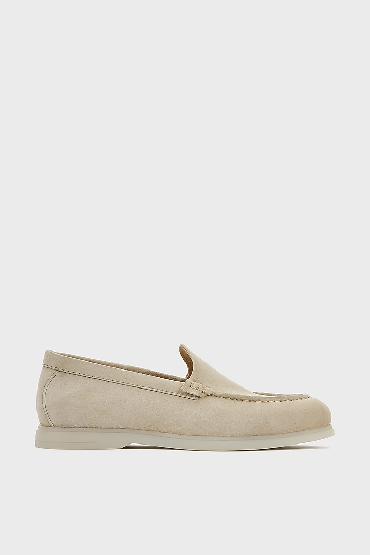Beige Suede Loafers by Nauvab at Pernia's Pop Up Shop