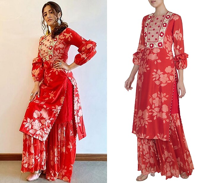 Red Embroidered Printed Kurta With Party Wear Sharara Pants by Suave by Neha & Shreya at Pernia's Pop Up Shop