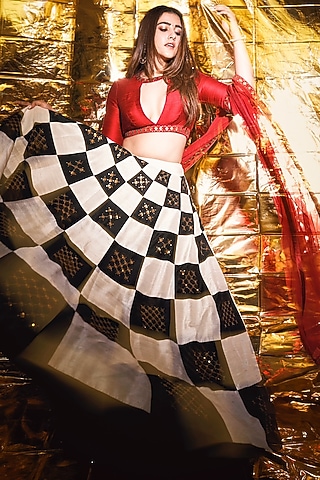Ivory & Black Raw Silk Embroidered Lehenga Set by Priyal Prakash
