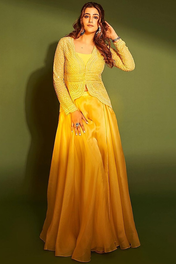 Yellow Embroidered Jacket Set by COUTURE BY NIHARIKA