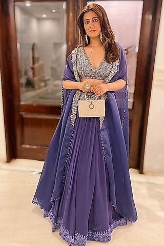 Dark Mauve Chiffon Lehenga Set With Cape by Dolly J