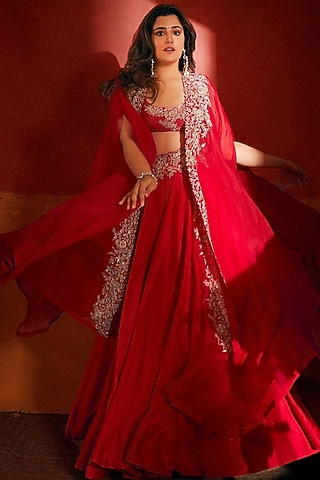 Red Embroidered Cape Set by Mrunalini Rao
