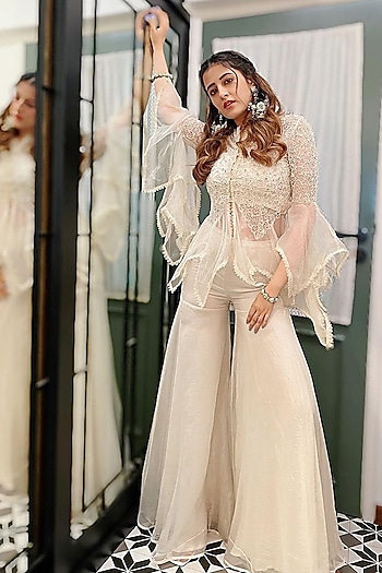 Ivory Pearl Hand Embroidered Wedding Sharara Set by Ridhima Bhasin at Pernia's Pop Up Shop