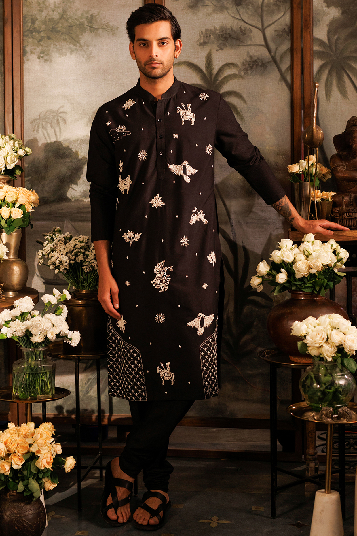 Black Katan Applique Hand Embroidered Kurta Set by Sahil Kochhar Men at Pernia's Pop Up Shop