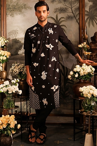 Black Katan Applique Hand Embroidered Kurta Set by Sahil Kochhar Men