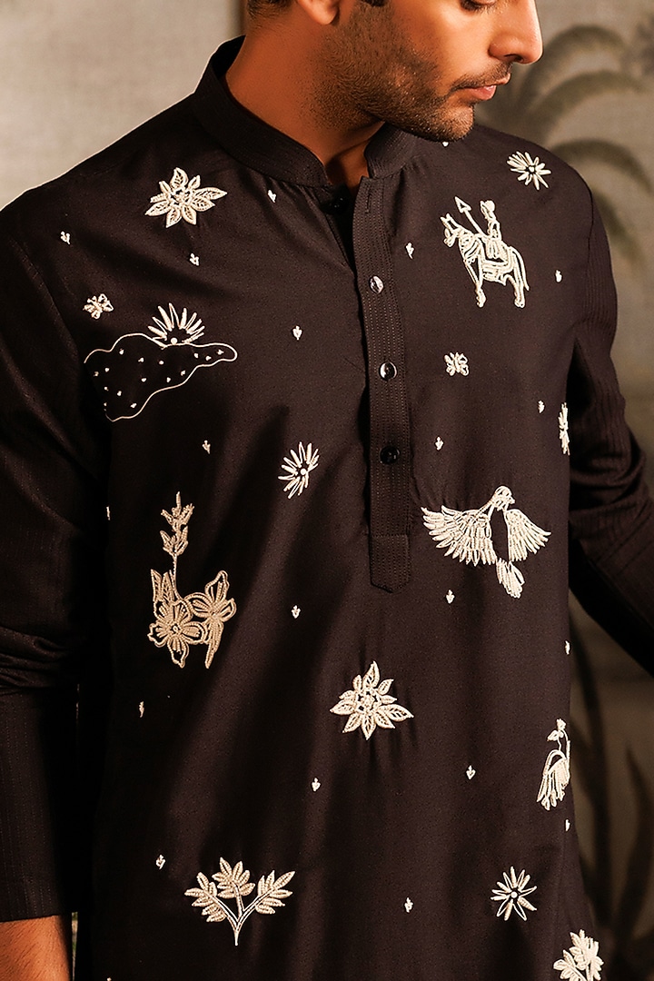 Black Katan Applique Hand Embroidered Kurta Set by Sahil Kochhar Men at Pernia's Pop Up Shop