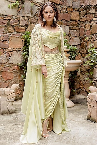 Mint Satin Silk & Organza Silk Embellished Skirt Set by Punit Balana