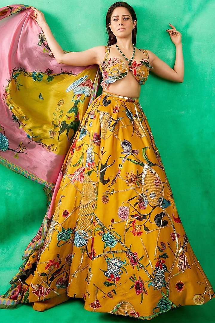 Gold Satin Organza Printed & Embroidered Lehenga Set  by Mahima Mahajan