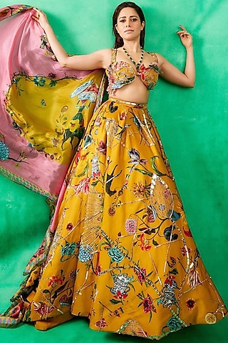 Gold Satin Organza Printed & Embroidered Lehenga Set  by Mahima Mahajan