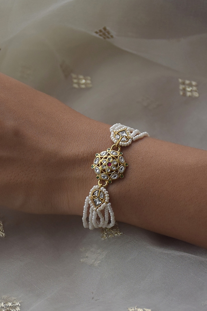 Gold Plated Kundan Polki & Seed Pearl Bracelet In Sterling Silver by Nuvi Jewels at Pernia's Pop Up Shop