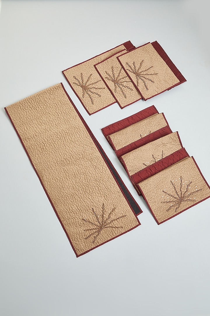 Bronze Hand Embroidered Table Runner & Place Mats (Set of 9) by NEXUS BY UPASNA