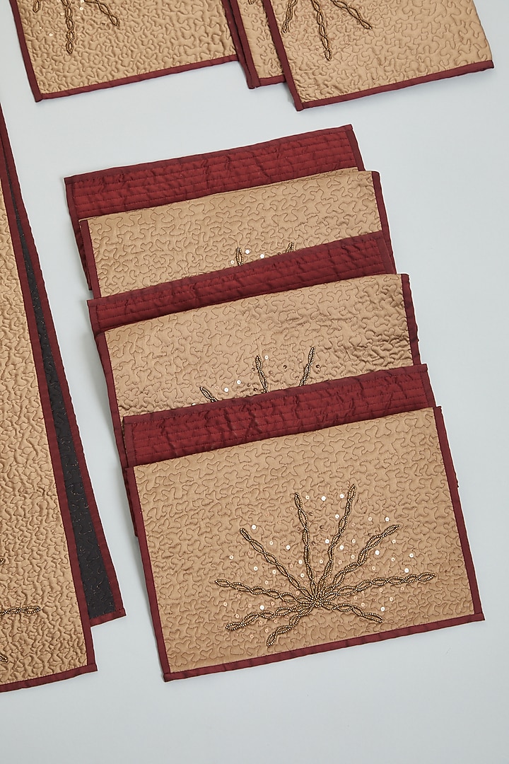 Bronze Hand Embroidered Table Runner & Place Mats (Set of 9) by NEXUS BY UPASNA at Pernia's Pop Up Shop