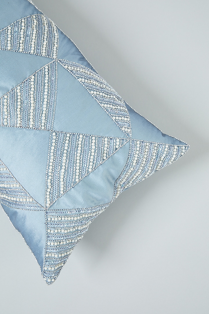Blue Hand Embroidered Spine Cushion Cover by NEXUS BY UPASNA at Pernia's Pop Up Shop