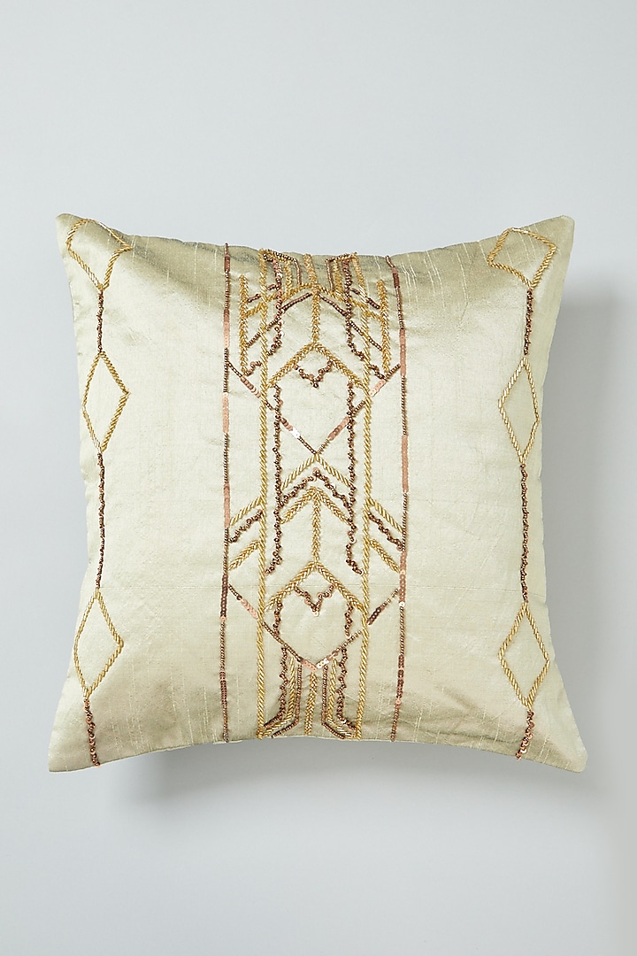 Soft Gold Hand Embroidered Cushion Cover by NEXUS BY UPASNA at Pernia's Pop Up Shop