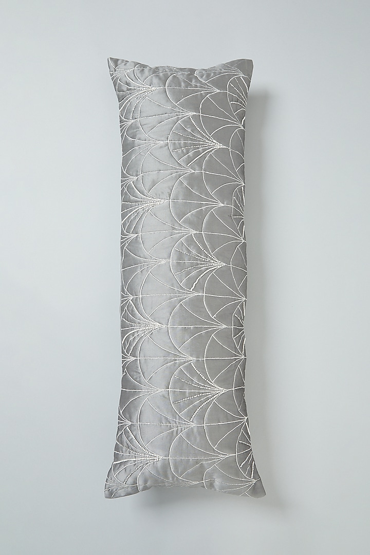 Grey Quilted & Hand Embroidered Spine Cushion Cover by NEXUS BY UPASNA