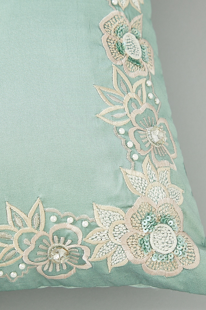 Green Embroidered Cushion Cover by NEXUS BY UPASNA at Pernia's Pop Up Shop